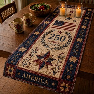 May include: A patriotic table runner with a quilted design featuring the American flag, stars, and the number 250, commemorating the years 1776-2026. The runner has a cream background with navy blue and red accents, and the word "AMERICA" is displayed.