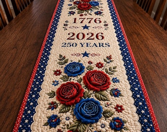 Bieżnik z motywem róży patriotycznej, dekoracja na 4 lipca, bieżnik w stylu amerykańskim, dekoracja na 250. rocznicę niepodległości 1776-2026