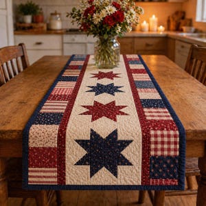 May include: A patriotic table runner with a cream-colored center featuring alternating red and navy blue stars. The sides have patchwork patterns in red, white, and blue, with a navy blue border. The runner is placed on a wooden table.