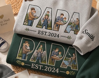 Custom Papa Sweatshirt Embroidered, Personalized Dad Crewneck, Papa EST 2024 Sweater, Fathers Day Gift for Dad, Custom Name Sleeve Shirt