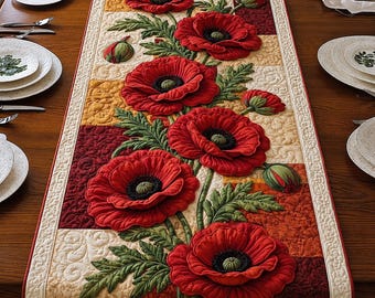 Bieżnik pikowany Scarlet Poppy: Żywa dekoracja kuchenna z motywem maków, najlepszy prezent dla babci