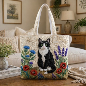 Puede incluir: Bolso tote acolchado color crema con un gato blanco y negro, cardos azules, amapolas rojas y lavanda púrpura. El bolso tiene asas color crema y un diseño de libélula y mariposa. Medidas en centímetros.