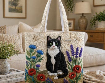 Bolso de mano acolchado con diseño de gato, diseño floral de gato, bolso de mano con diseño de gato en blanco y negro, bolso de mano con amapolas lavanda, bolso de algodón hecho a mano, regalo para amantes de los gatos
