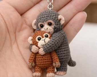 Punch Monkey-sleutelhanger, gehaakte aap-sleutelhanger, amigurumi-sleutelhanger aap, leuk handgemaakt cadeau, mini gehaakt pluche