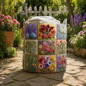 May include: A colorful, quilted laundry basket with a variety of embroidered floral designs. The basket features square panels with images of flowers, succulents, and cacti. It has two white handles and is filled with a light-colored blanket.