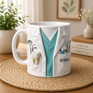 May include: White ceramic mug designed as a dentist's coat, with a teal scrub top design. The mug features a tooth, dental tools, and the name "William" on the pocket. A unique gift for dentists.