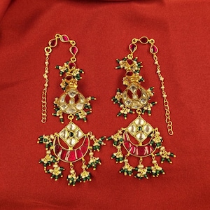 Kundan Ruby & Emerald Long Chandelier Earrings with Ear Chain | Sterling Silver Gold Polish
