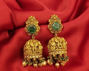 Garuda Elephant Temple Jhumka Earrings Emerald Pearl Kundan 925 Sterling Silver Gold Plating