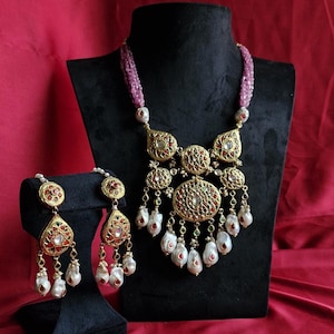 Double-Sided Kundan Necklace-Earrings Set with Ruby-Baroque Pearl Drops Sterling Silver Bridal Jewelry