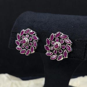 Örhängen med rubinblomma i 925 sterlingsilver, handgjorda Jaipur-smycken, markissten, klusterörhängen