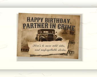 Happy Birthday Partner in Crime Card | Funny Printable Birthday Card for Best Friend | Vintage Gangster Style | Digital Download