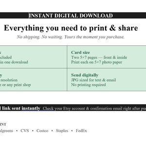 May include: An informational graphic for an instant digital download. It lists file formats as PDF and JPG, card size as two 5x7 pages, print quality as 300 DPI, and digital sending options. It includes a list of printing locations like home, Walgreens, CVS, Costco, Staples, and FedEx.