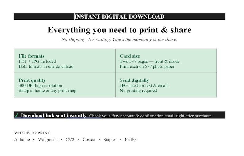 May include: An informational graphic for an instant digital download. It lists file formats as PDF and JPG, card size as two 5x7 pages, print quality as 300 DPI, and digital sending options. It includes a list of printing locations like home, Walgreens, CVS, Costco, Staples, and FedEx.