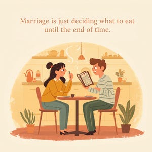 May include: A digital illustration of two people sitting at a small round table in a kitchen. The text above them reads, Marriage is just deciding what to eat until the end of time. The scene features warm tones, a menu, and potted plants.
