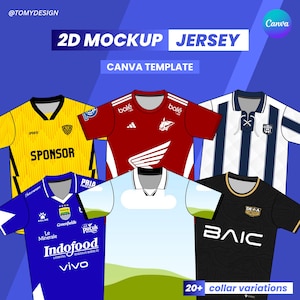 Könnte beinhalten: Eine Grafik, die eine 2D-Mockup-Trikot-Designvorlage zeigt. Das Bild zeigt sechs verschiedene Trikotdesigns in verschiedenen Farben, darunter Gelb, Rot, Blau, Weiß und Schwarz. Der Text auf dem Bild enthält "2D MOCKUP JERSEY" und "CANVA TEMPLATE".