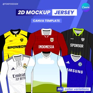 Może przedstawiać: Grafika prezentująca makietę 2D różnych koszulek. Obraz zawiera żółto-czarną koszulkę, czerwoną koszulkę z napisem "INDONESIA", czarną koszulkę, białą koszulkę z napisem "Emirat FLY BETTER" oraz niebieską koszulkę z napisem "SAMSUNG". Na obrazie znajduje się również tekst "2D MOCKUP JERSEY CANVA TEMPLATE".