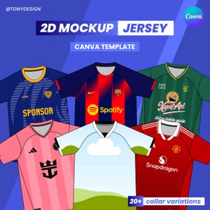 Puede incluir: Imagen que muestra cinco diseños de camisetas de fútbol de diferentes colores, incluyendo azul, rosa, rojo y verde. Cada camiseta muestra logotipos de patrocinadores y texto. La imagen incluye el texto "2D MOCKUP JERSEY" y "CANVA TEMPLATE".