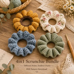 May include: Four handmade crochet scrunchies in a variety of colors and styles. The scrunchies include a yellow sunflower design, a white floral design, a blue design, and a green design. The image also includes the text "4in1 Scrunchie Bundle".