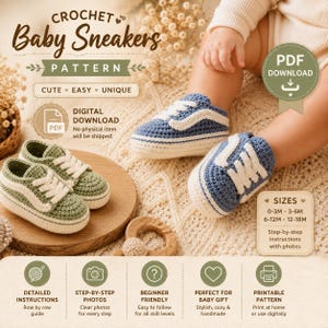 May include: A digital PDF crochet pattern for baby sneakers featuring text that reads Crochet Baby Sneakers Pattern, Digital Download, and Sizes 0-3M, 3-6M, 6-12M, 12-18M. The image displays one pair of sage green and one pair of blue crocheted baby sneakers.