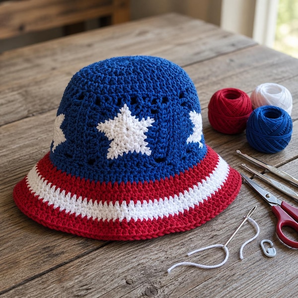 Easy Crochet American Flag Bucket Hat Pattern, Easy Summer Sun Hat, Scallop Edge Cotton Design, Beginner Friendly, Digital Download