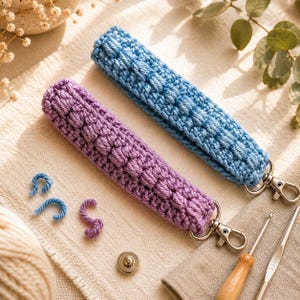 May include: Two handmade crochet keychains, one blue and one purple, with silver-tone clasps. The keychains have a textured, raised pattern. Also visible are blue and purple stitch markers, a snap, and crochet hooks.