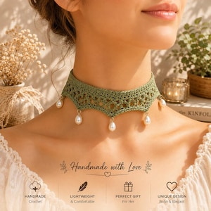 May include: An olive green crochet choker necklace featuring a delicate lace pattern and five dangling white teardrop-shaped faux pearls. The necklace sits snugly around the neck, showcasing intricate needlework and a scalloped bottom edge.