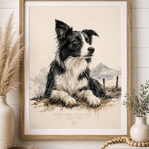 Border Collie Wall Art | Border Collie Print | Farmhouse Dog Decor | Rustic Country Wall Art | Sheepdog Gift | Working Dog Artwork