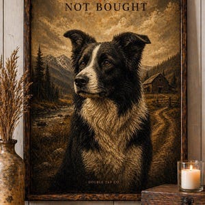 Border Collie Poster, Bonded Not Bought Dog Art, Farm Dog Wall Art, Working Dog Print, Sheep Herding Decor, Rustic Wall Art Gift