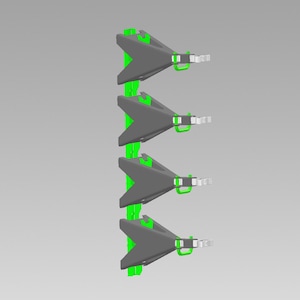 Puede incluir: Un estante de almacenamiento vertical montado en la pared con una columna central de color verde brillante y cuatro soportes triangulares de color gris oscuro. Cada soporte incluye un pequeño gancho verde y un clip blanco.