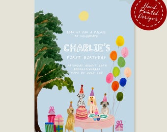 Dogs Picnic Birthday Invitation | Hand Painted Watercolor Template | Corjl (Digital Download)