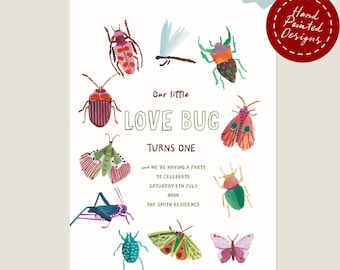 Love Bug Birthday Invitation | Watercolor Bugs, Editable Corjl Template (Digital Download)