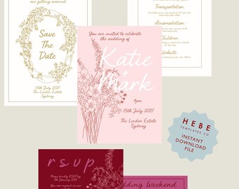 Floral Sketch Invitation Bundle | Editable Invitation Template | Corjl | Digital Download | Wedding Suite