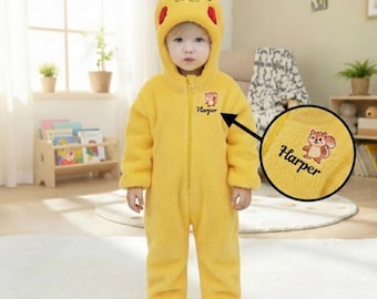 Flannel Pikachu Toddler Costume, Cozy Warm Onesie Pajamas, Cartoon Hooded Jumpsuit for Kids, Soft Winter newborn Romper Outfit