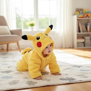 Op de afbeelding: Een baby in een geel Pikachu-kostuum met een capuchon, rode cirkels op de wangen en zwartgepunte oren. Het kind kruipt op een patroonkleed. Het kostuum heeft een staart en is gemaakt van zacht materiaal.