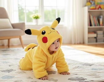 Costume da Pikachu in flanella per bambini, pigiama caldo e accogliente, tuta con cappuccio con motivo a cartoni animati per bambini, morbido pagliaccetto invernale per neonati