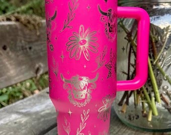 Laser Engraved Highland Cow Sunflower Tumbler | Pink Floral Western Travel Mug