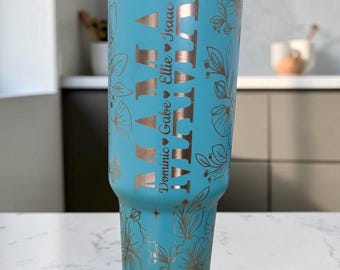 Mom mama personalized 40oz laser engraved tumbler with names and flowers