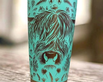 Laser Engraved Highland Fluffy Cow Tumbler, Mint Stainless Steel Copper base  20oz Insulated Cup