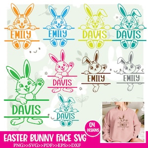 May include: A collection of Easter bunny face SVG designs in various colors, each featuring a bunny holding a name banner. The names "EMILY" and "DAVIS" are displayed. The image also includes a pink sweatshirt with a bunny design and the name "EMILY".