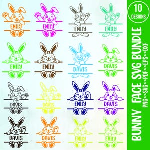 Könnte beinhalten: Eine Sammlung von 10 Hasengesichtsdesigns in verschiedenen Farben, jeweils mit einem Namensbanner. Die Designs zeigen Hasen in Orange, Pink, Grau, Grün, Braun, Blau, Gelb und Lila. Der Text sagt "BUNNY FACE SVG BUNDLE".