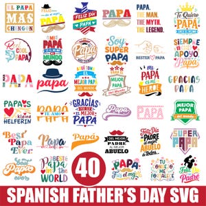 Könnte beinhalten: Eine Sammlung von 40 spanischen Vatertags-SVG-Designs. Die Designs zeigen Sätze wie "Best Papa Ever", "Super Papa" und "Te Quiero Papa" in verschiedenen Schriftarten und Farben mit dekorativen Elementen.