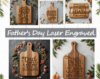 May include: A collection of laser-engraved wooden cutting boards with various Father's Day themed designs. The boards feature text and images, including a tree, a footprint, and the words "DAD". The image also includes the text "Father's Day Laser Engraved" and "10 designs".