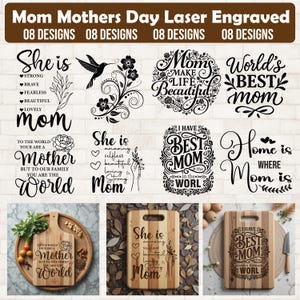 Könnte beinhalten: Eine Sammlung von lasergravierten Holzschneidebrettern und dekorativen Designs für den Muttertag. Die Designs umfassen florale Motive, Kolibris und Texte wie "She is Mom" und "Best Mom in the World".