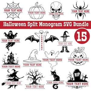 Könnte beinhalten: Eine Sammlung von 15 schwarz-weißen Halloween-Split-Monogramm-Designs mit Symbolen wie Spinnennetz, Kürbis, Totenkopf, Spinne, Geist, Fledermaus, Hexenhut, Spukhaus, Katze und Grabstein mit dem Platzhaltertext YOUR TEXT HERE.