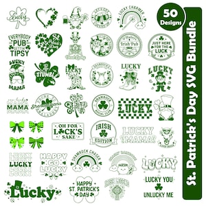 May include: A collection of 50 St. Patrick's Day SVG designs in green. The designs include shamrocks, leprechauns, rainbows, and phrases like "Lucky," "Irish Pub," and "Happy St. Patrick's Day." The designs are arranged on a white background.