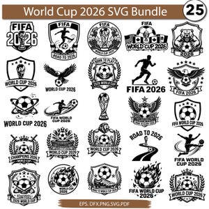以下が含まれることがあります： FIFAワールドカップ2026のロゴ、サッカーボール、動く選手、鷲、ライオン、盾、World Cup 2026やFIFA 2026の文字が入ったバナーなど、サッカーをテーマにした25種類の白黒デジタルグラフィックデザインのコレクション。