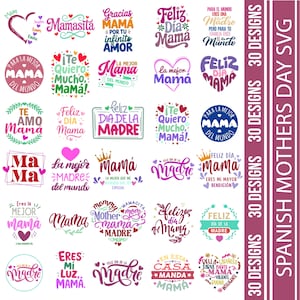 Peut inclure: Une collection de 30 motifs SVG pour la fête des mères en espagnol. Les motifs présentent des phrases telles que "Feliz Día de la Madre" et "Te Amo Mamá" dans diverses polices et styles, avec des cœurs et des éléments floraux. Les couleurs sont rose, violet et vert.