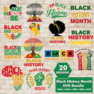 May include: A digital bundle of 20 Black History Month SVG designs. The designs include text and graphics such as "Black History," "History," and "Month," alongside illustrations of a tree, a fist, and the African continent.