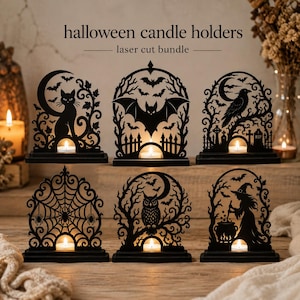 May include: Six black laser-cut candle holders featuring Halloween designs including a cat, bat, raven, spider web, owl, and witch. Each arched piece has a base with a small tea light candle. The text "halloween candle holders laser cut bundle" is visible.