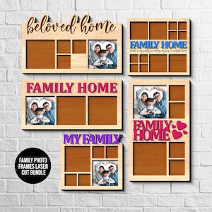May include: A collection of wooden family photo frames in various designs. Some frames feature the text "Beloved Home," "Family Home," and "My Family." Each frame has multiple openings for photos and a wooden finish.